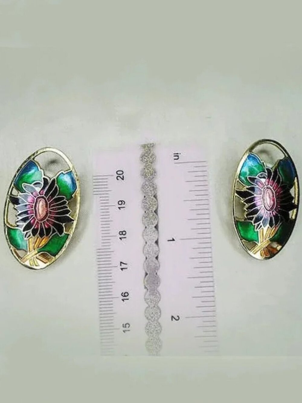 Vintage Cloisonne Brooch & Clip On Earrings Set Black Floral - Picture 2 of 9